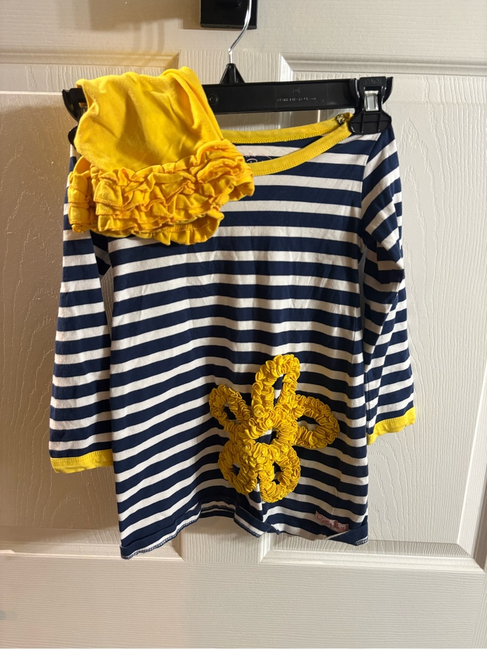 Ruffle Butts Navy & Yellow Striped Long-Sleeve Top with Yellow Ruffle Flower